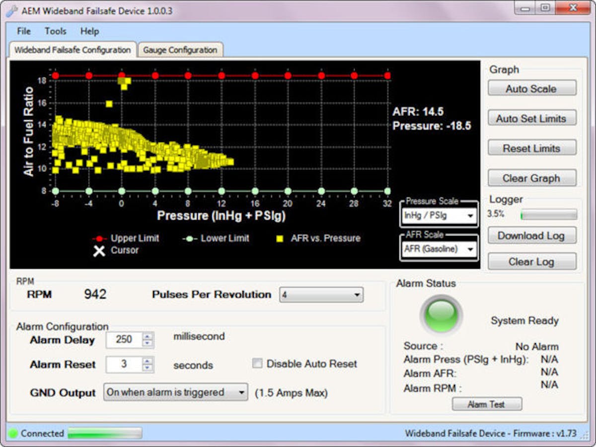 After the engine is tuned and a safe operating window of AFR is established, the Wideband FAILSAFE Gauge continually monitors AFR and boost or vacuum to make sure that AFR does not fall out of the defined operating window at a given boost or vacuum level. If the Wideband Failsafe detects an out of range AFR reading, the gauge triggers a low side output (ground signal with a 1.5 amp draw max) that can save your engine from catastrophic damage (see example strategies, below). Use the gauge’s intuitive software to configure the low side output, create a user-adjustable time delay strategy to prevent false alarms, and customize the gauge lighting to flash and alert the driver if an alarm is triggered.