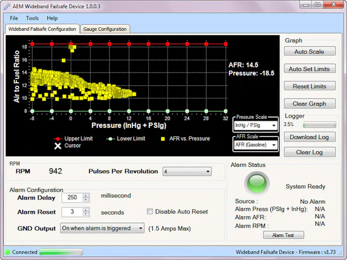 After the engine is tuned and a safe operating window of AFR is established, the Wideband FAILSAFE Gauge continually monitors AFR and boost or vacuum to make sure that AFR does not fall out of the defined operating window at a given boost or vacuum level. If the Wideband Failsafe detects an out of range AFR reading, the gauge triggers a low side output (ground signal with a 1.5 amp draw max) that can save your engine from catastrophic damage (see example strategies, below). Use the gauge’s intuitive software to configure the low side output, create a user-adjustable time delay strategy to prevent false alarms, and customize the gauge lighting to flash and alert the driver if an alarm is triggered.
