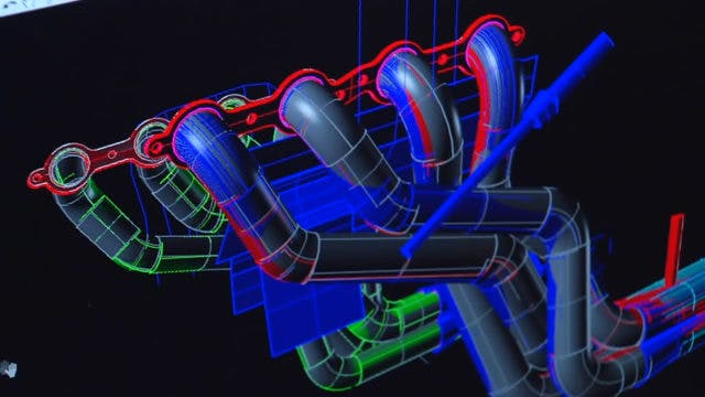 The company is able to mock up a three-dimensional view of the header in the engine bay of the vehicle before the first tube is ever bent. This ability greatly lessens the expense and development time required to finalize design.