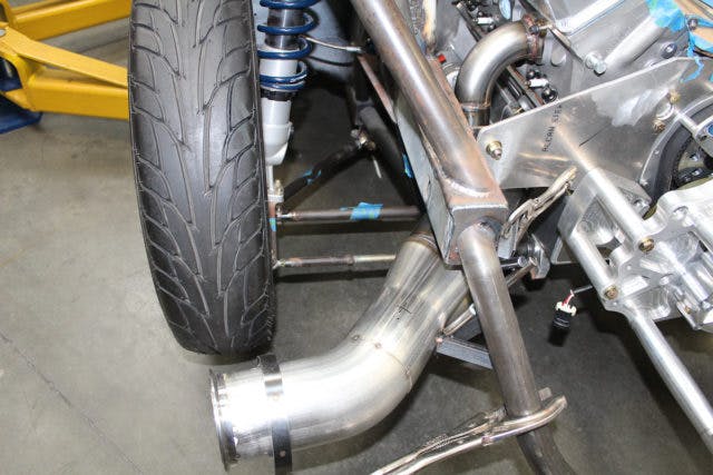 Even though Evil 8.5 is not a full-bodied street car, there are still plenty of challenges to getting the exhaust system to clear all obstacles.