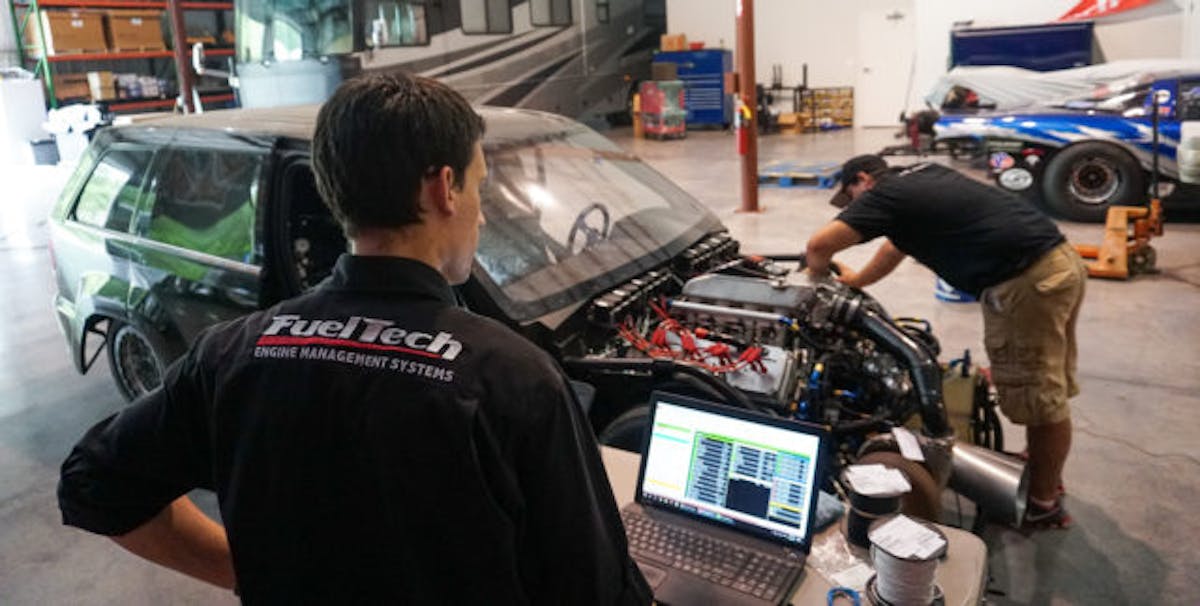 The FuelTech FT500 system being wired, installed, and programmed at Pro Line Racing.
