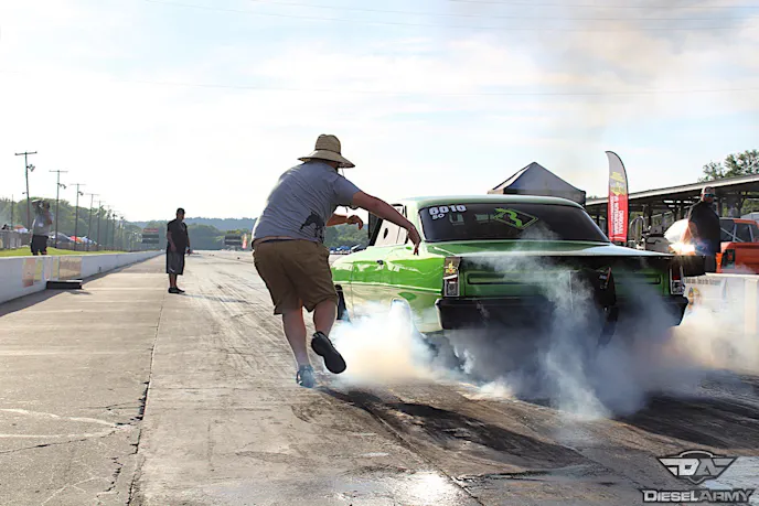 Hardway Performance getting the "Green Reaper" ready for a sub 6 second 1/8th mile pass with the push off help of Montana Cherry