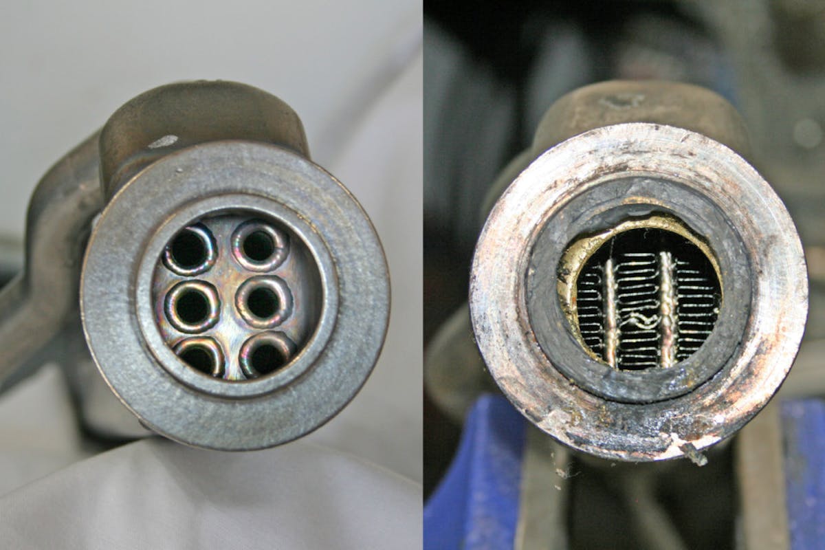photo comparison of a Bullet Proof Diesel EGR cooler tube style core vs a factory finned style core