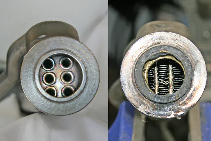 photo comparison of a Bullet Proof Diesel EGR cooler tube style core vs a factory finned style core