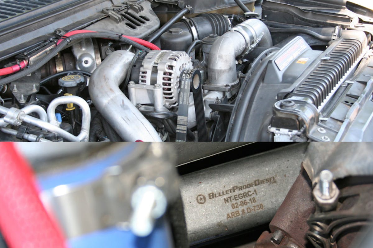 photo of 6.0-liter engine compartment and bullet proof diesel EGR cooler label