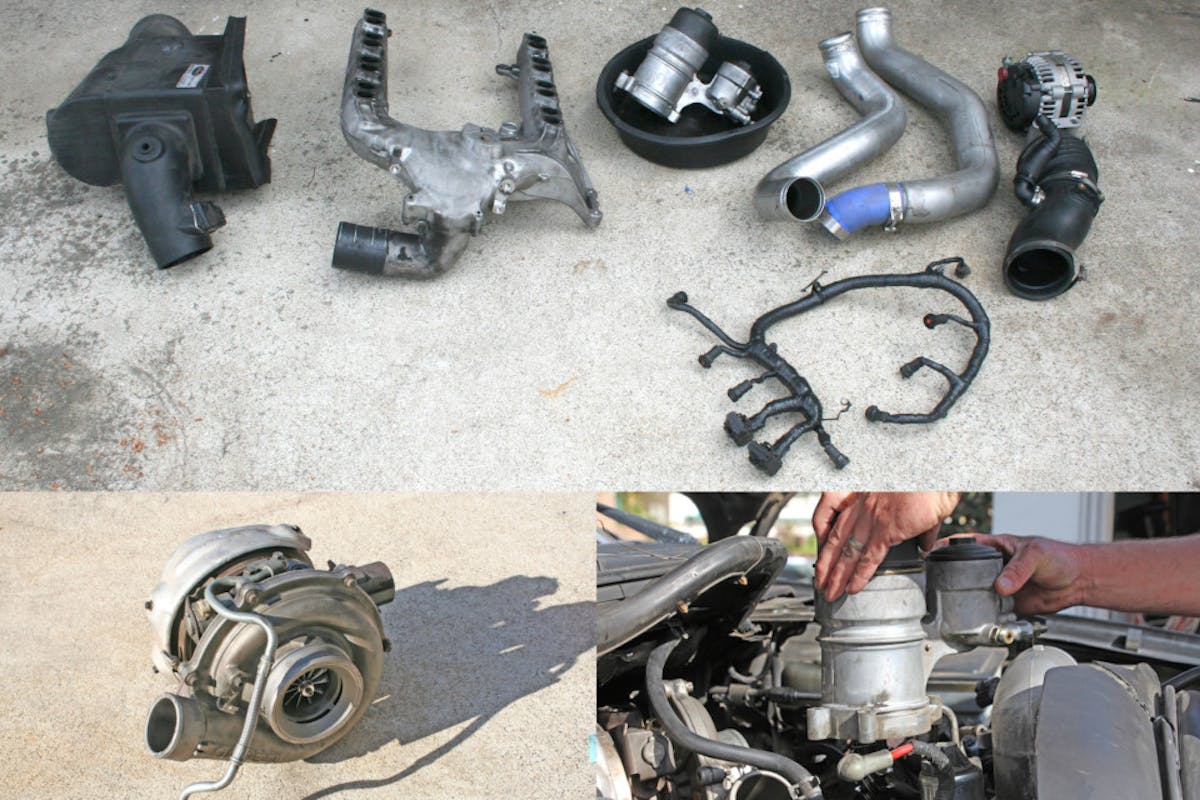 photo showing all of the components that need to be removed to get to the EGR cooler