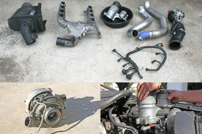photo showing all of the components that need to be removed to get to the EGR cooler