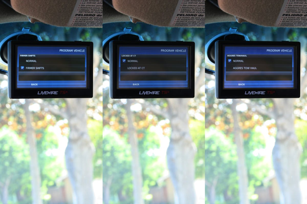image shows three screens from the Livewire TS+ monitor. Shift firmness, Locked AT CT and Aggressive tow/haul