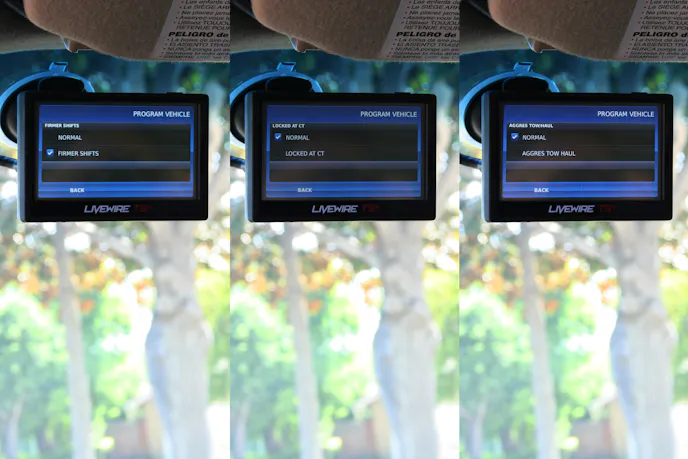 image shows three screens from the Livewire TS+ monitor. Shift firmness, Locked AT CT and Aggressive tow/haul