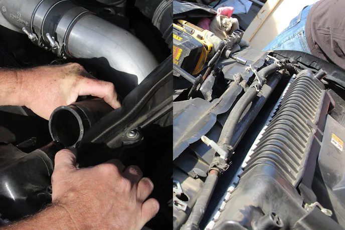 image of battery cable moved out of the way. Image of upper radiator hose disconnected from radiator