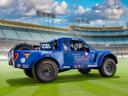 LA Dodgers Bobby Patton of Fastball Racing Swings Jimco Trophy Truck LA Dodgers Bobby Patton of Fastball Racing Swings Jimco Trophy Truck
