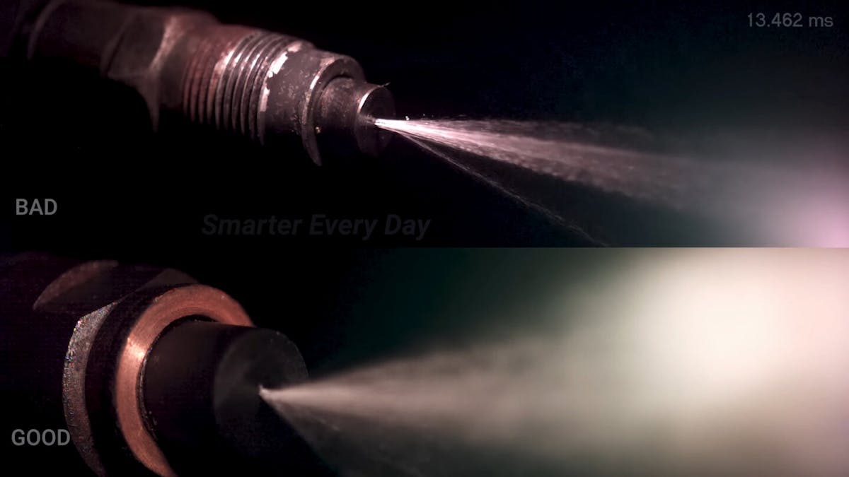 a good and bad mechanical fuel injector in slow motion.