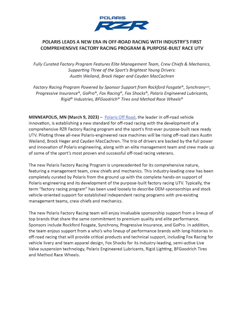 Polaris Factory Racing Launches Elite Off-Road Super Team