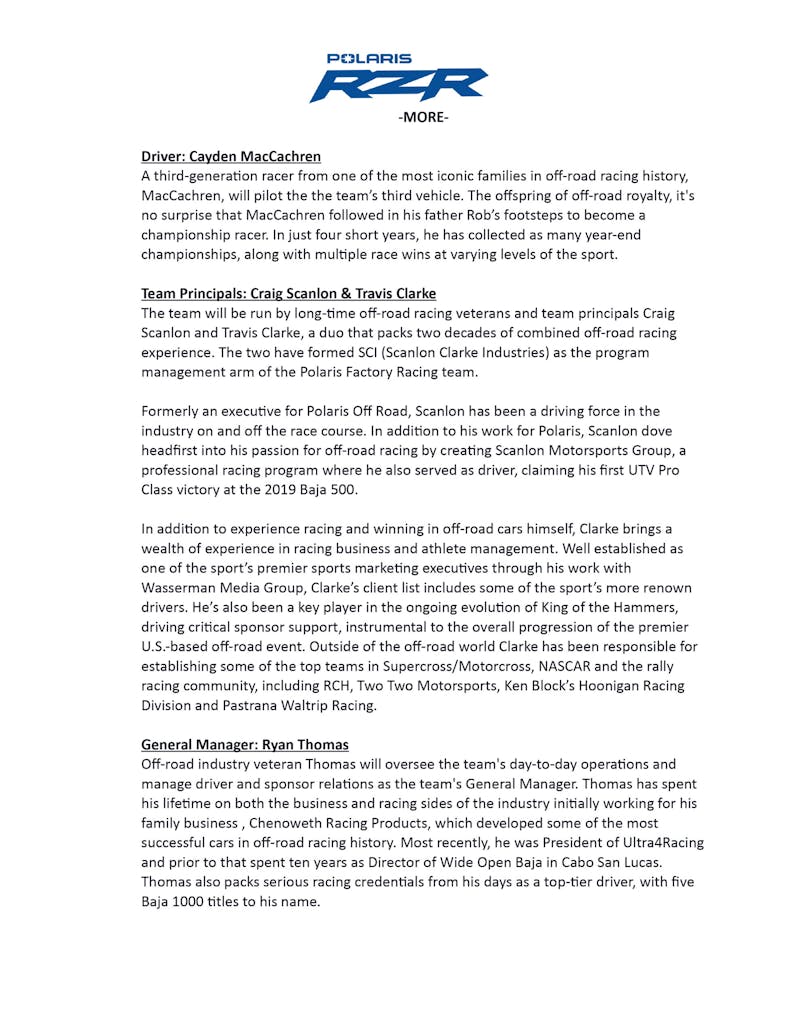 Polaris Factory Racing Launches Elite Off-Road Super Team