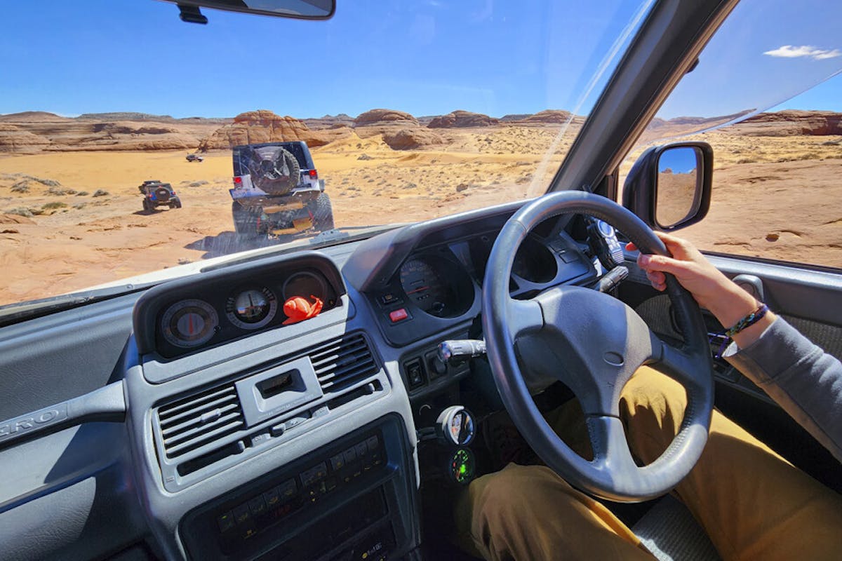 This Japanese-market Pajero is right-hand drive and is equipped with a manual transmission.