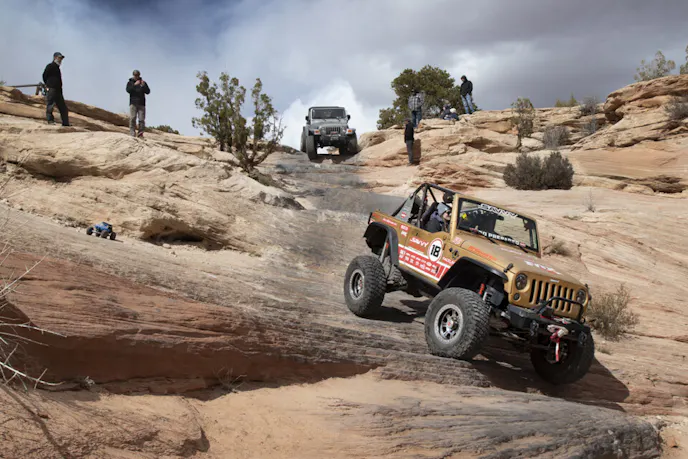 Goldie Rocks descends Wipeout Hill in Moab, Utah.