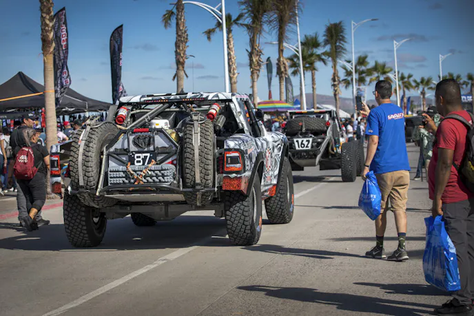 2023 Baja 1000 racers lined up for tech inspection in La Paz, Baja California Sur, Mexico.