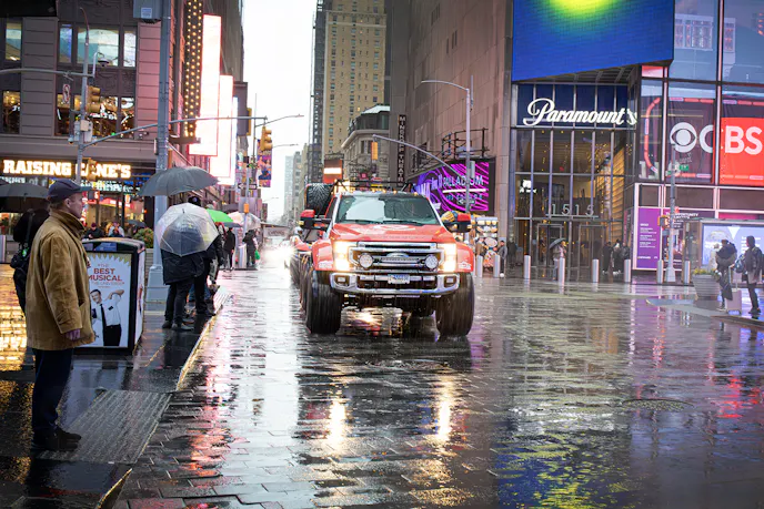 The AT44 XDS F-350 6x6 drove through Manhattan before the crew launched their 18-month expedition. Photo: Mercedes Lilienthal