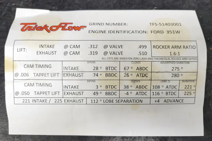 TFS1 Trick Flow Track Max Stage 1 Cam Card