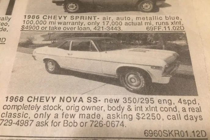 Ad for a 1968 Chevy Nova SS for $2,250!