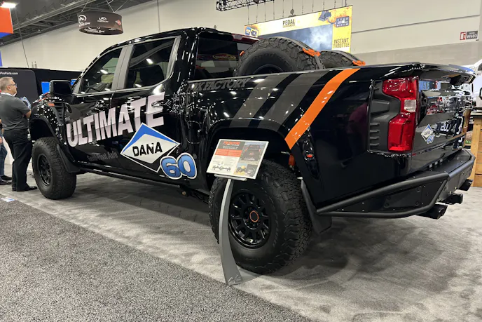 The Fox Factory Silverado at SEMA back side view