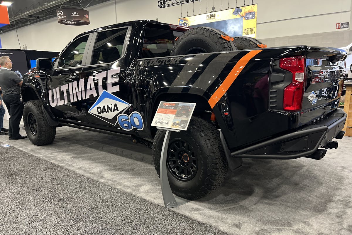 The Fox Factory Silverado at SEMA back side view