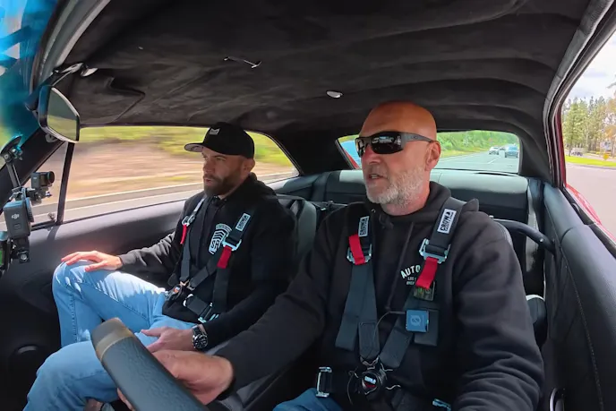 Sean of Autotopia LA with Dave driving a 1966 Chevelle Twin-turbo LSX