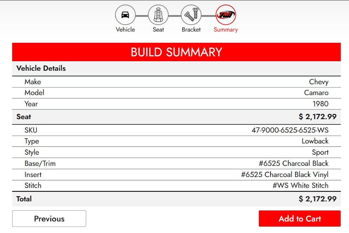 TMI’s Custom Seat Configurator Summary