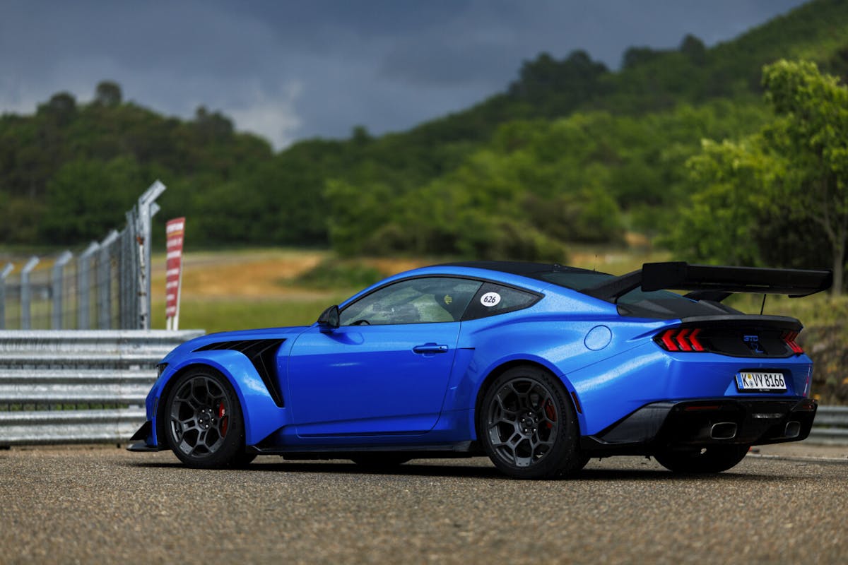 Lightning Blue Mustang GTD heading to the track