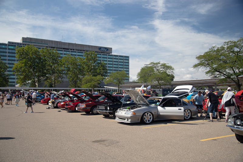Mustangs parked for show at Ford World Headquarters