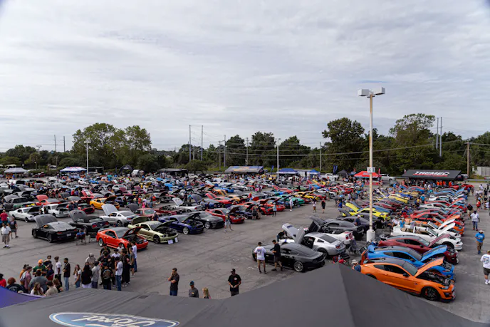 High angle overview of Mustang Week Car Show