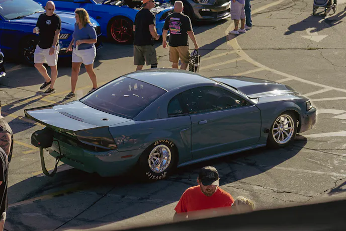 Gray newedge Mustang Dragcar from birds eye view