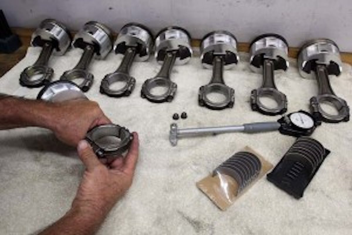 Often after measuring a complete set of eight rod bearings, you may find a set that is a little tighter clearance and one that’s a little looser than you’d like. We have found that merely switching the loose for the tight and measuring again will bring both tolerances in closer to the desired clearance. This can be attributed to minor housing bore differences and different crush characteristics between the rods.