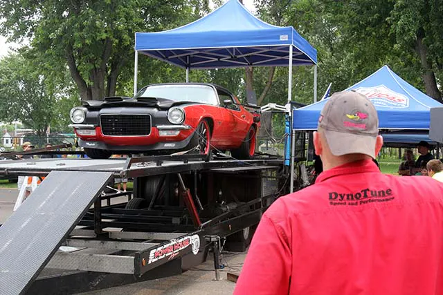 Chassis dynos often reveal there is hidden potential in your package. But to get there, the car should be properly prepared before it ever climbs up on the roller(s). That’s Andy Wicks in the foreground watching the Schwartz Performance-built ’71 Raybestos Camaro on the dyno. This was the first test of this Camaro at the Car Craft Summer Nationals on the PowerHouse chassis dyno. The Schwartz-built 427ci LS cranked out an impressive 581 RWHP.