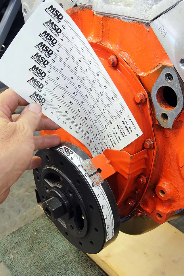 MSD sells a very slick sheet of timing tapes with several tape lengths based on the balancer diameter. This sheet of adhesive tapes is very inexpensive, and with one you don’t need a dial-back timing light.