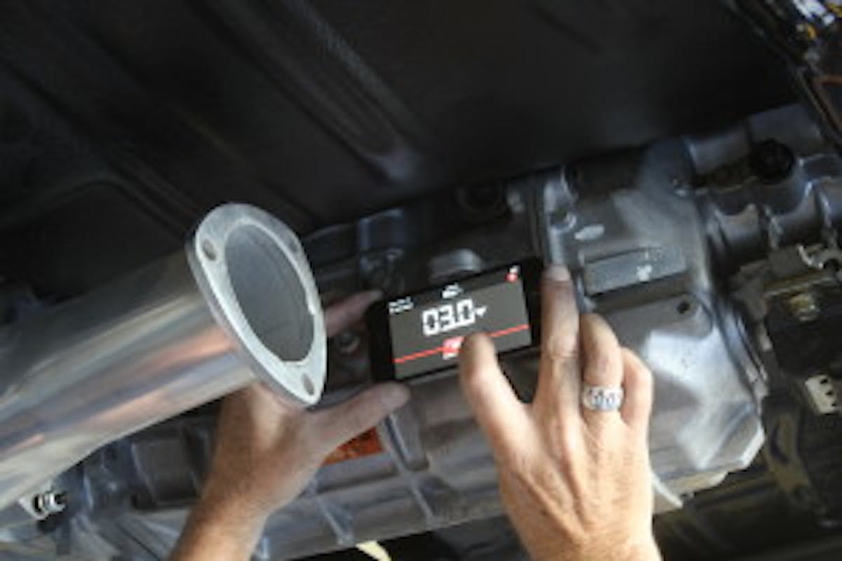 On our buddy Scott Gillman’s Chevelle, we found a horizontal machined surface on the driver side of the T-56 trans that was parallel to the trans centerline (Reading 1). The Tremec app automatically compensates between vertical and horizontal. Our app indicated 3.0 degrees.