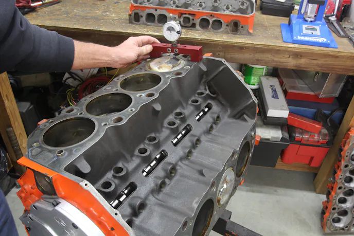 We measured the deck height on all four corners of this Rat motor and discovered the block was not square to the crank with 0.011-inch more deck height on cylinder number eight than on cylinder number one. This creates a significant difference in compression.