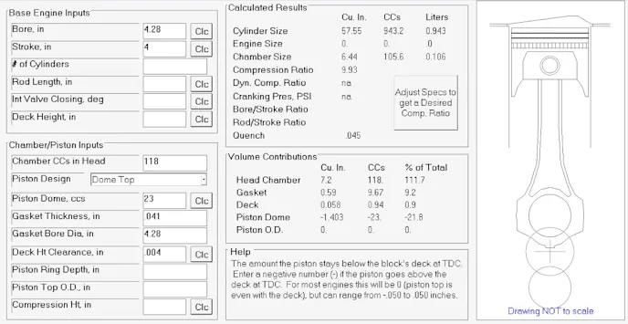 This is a screen capture of Performance Trends’ compression ratio program results screen. Note that in addition to computing compression, other results include quench height and converting cc’s to cubic inches.