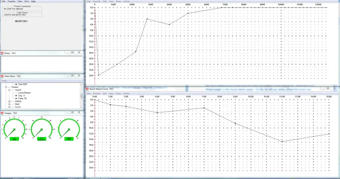 This is a view of the MSD Pro-Data + main screen for the 6AL-2. The main graph in the upper right is the Run-Retard input screen that we’ll discuss further in the next photo. Below the Run-Retard graph is the boost retard graph. On the far left are input options where the tuner can specify rpm points for rev limits.
