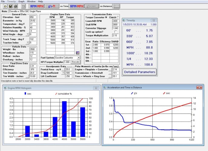 Besides the usual e.t. and speed results, the Quarter, Pro program also includes an interesting option called an RPM histogram. This chart reveals the amount of time the engine spends at various rpm points. This chart reveals very valuable information. For example, according to this graph this engine spends much of its time between 4,600 and 5,600 rpm. Armed with that information, it would seem like a good idea to concentrate on improvements in that rpm area because the power will deliver the greatest benefit.
