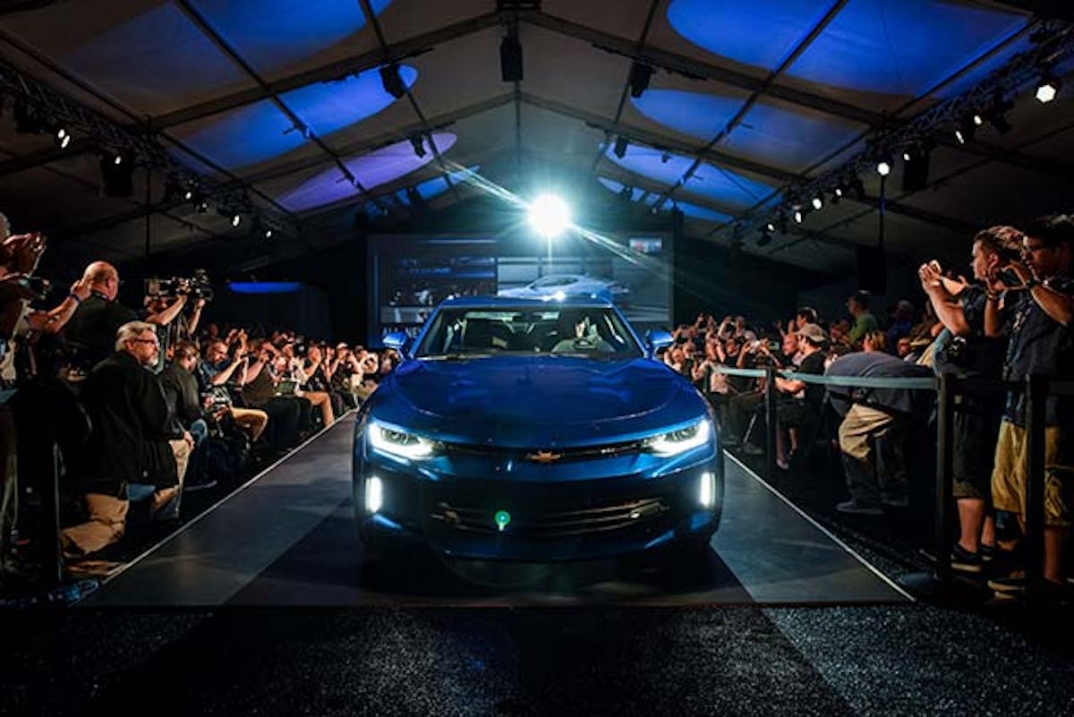 The 2016 Chevrolet Camaro is unveiled Saturday, May 16, 2015 at a special event on Belle Isle in Detroit, Michigan. The sixth-generation Camaro is faster, lighter and more nimble. Engine options include a 2.0L Turbo, an all-new 3.6L V-6 and the LT1 6.2L V-8, which is SAE-certified at 455 horsepower and 455 lb-ft of torque – for the most powerful Camaro SS ever. Each engine is available with a six-speed manual or eight-speed automatic transmission. (Photo by Steve Fecht for Chevrolet)