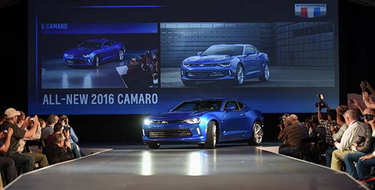 The 2016 Chevrolet Camaro is unveiled Saturday, May 16, 2015 at a special event on Belle Isle in Detroit, Michigan. The sixth-generation Camaro is faster, lighter and more nimble. Engine options include a 2.0L Turbo, an all-new 3.6L V-6 and the LT1 6.2L V-8, which is SAE-certified at 455 horsepower and 455 lb-ft of torque – for the most powerful Camaro SS ever. Each engine is available with a six-speed manual or eight-speed automatic transmission. (Photo by Steve Fecht for Chevrolet)