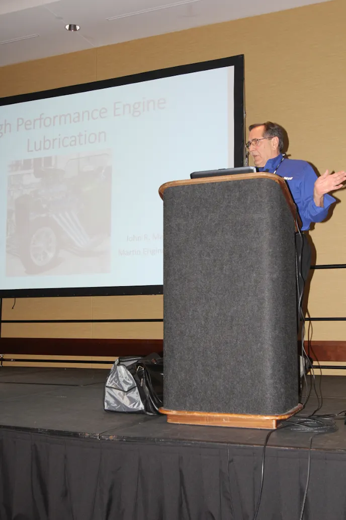 Engine lubrication may not seem like a fascinating subject, but huge changes in current oil technology demands that a good engine builder know his engine oil chemistry. Retired Lubrizol physicist John Martin gave a very animated presentation on engine oil and the effects of ethanol on engine lubricants.