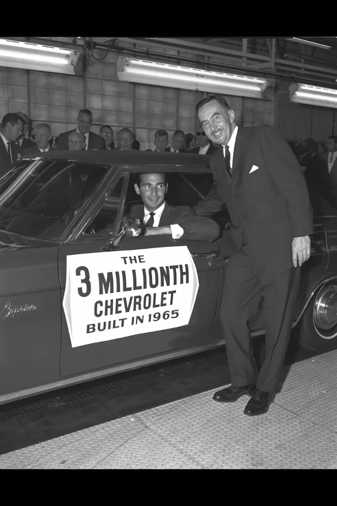 Chevrolet General Manager Peter Estes was a smart and colorful guy, at the helm during the golden age of the brand. The year 1965 was a big deal at GM, and here they celebrate the assembly of their three millionth car for that model year. Behind the wheel, a big deal himself, All-Star pitcher, Sandy Koufax.