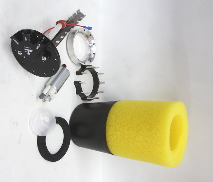 An outstanding way to convert to a more efficient high pressure fuel system is to use Aeromotive’s Phantom conversion. It places the pump inlet near the bottom of the fuel tank, surrounding the inlet with a fuel reservoir contained by a large standing column of foam that maintains fuel around the pump inlet at all times. 