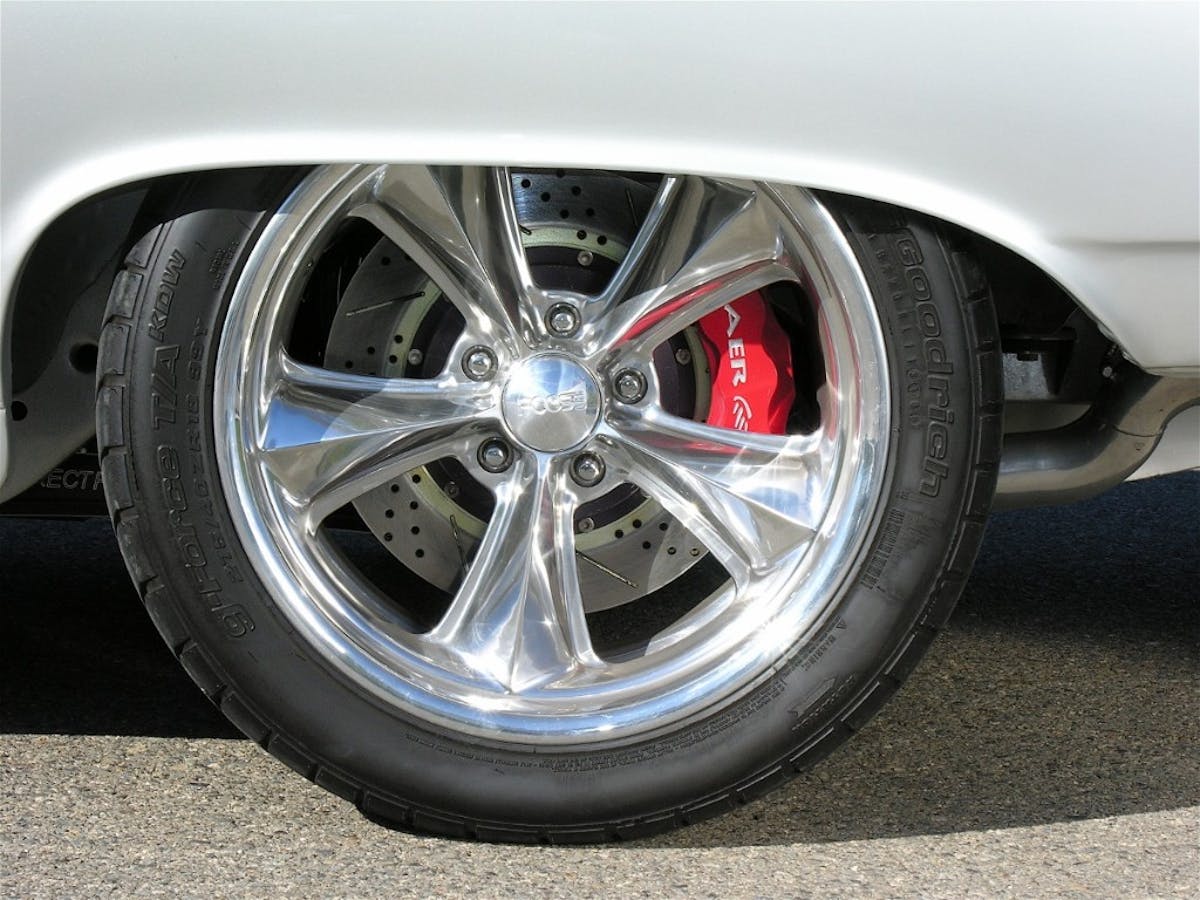 BFGoodrich G-Force T/A tires were chosen and up front sized at 245/40 ZR18. The Foose wheels are called Nitrous II and provide an aggressive, yet classic look for this mid-’60s Chevelle. 