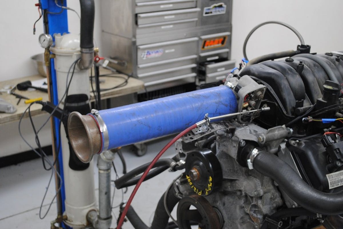 Here is the kind of testing that occurs when we have a few extra minutes of dyno time. This custom air intake system consisted of a simple, 3.5-inch section of tube connected to a radiused air entry. This simple addition to the EFI intake was worth an extra 4-5 hp and a like amount of torque. 