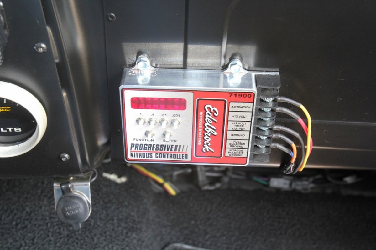 The Edelbrock nitrous controller in LaCrone’s Camaro is incredibly simple to operate and does not require a laptop to program a so-phisticated multi-stage curve. LaCrone’s secret? “I make very small tuning changes and keep track of everything.”