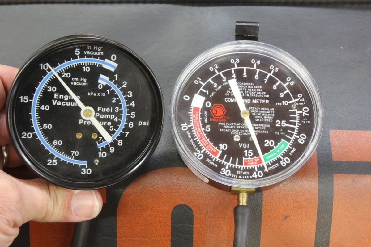 This is a comparison of the engine manifold vacuum generated by Doug’s Nova, as shown on the vacuum gauge on the left at slightly above 9 inches Hg. The vacuum gauge on the right shows the Cadillac pump has increased the vacuum for the booster up to around 17 inches on its way to 18 inches Hg. Note we’re reading the inside scale — inches of manifold vacuum.