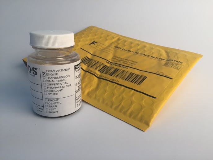 A used oil analysis kit can typically be found at a heavy equipment dealership and includes a sample container — fill it with 3 ounces of oil — collection form, and return envelope, all which can be sent to the lab by regular mail.